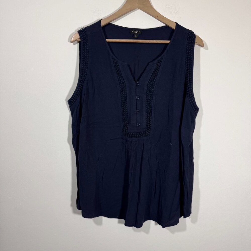 Talbots Rayon 1/2 Button Down Sleeveless Shirt Size 1X Navy Blue Crochet Blouse